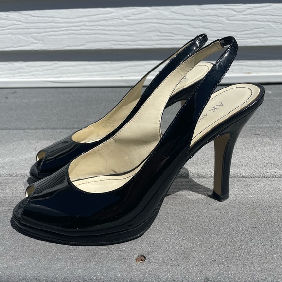 Anne Klein Shoes - Black Leather Sling Back Open Toe Heels